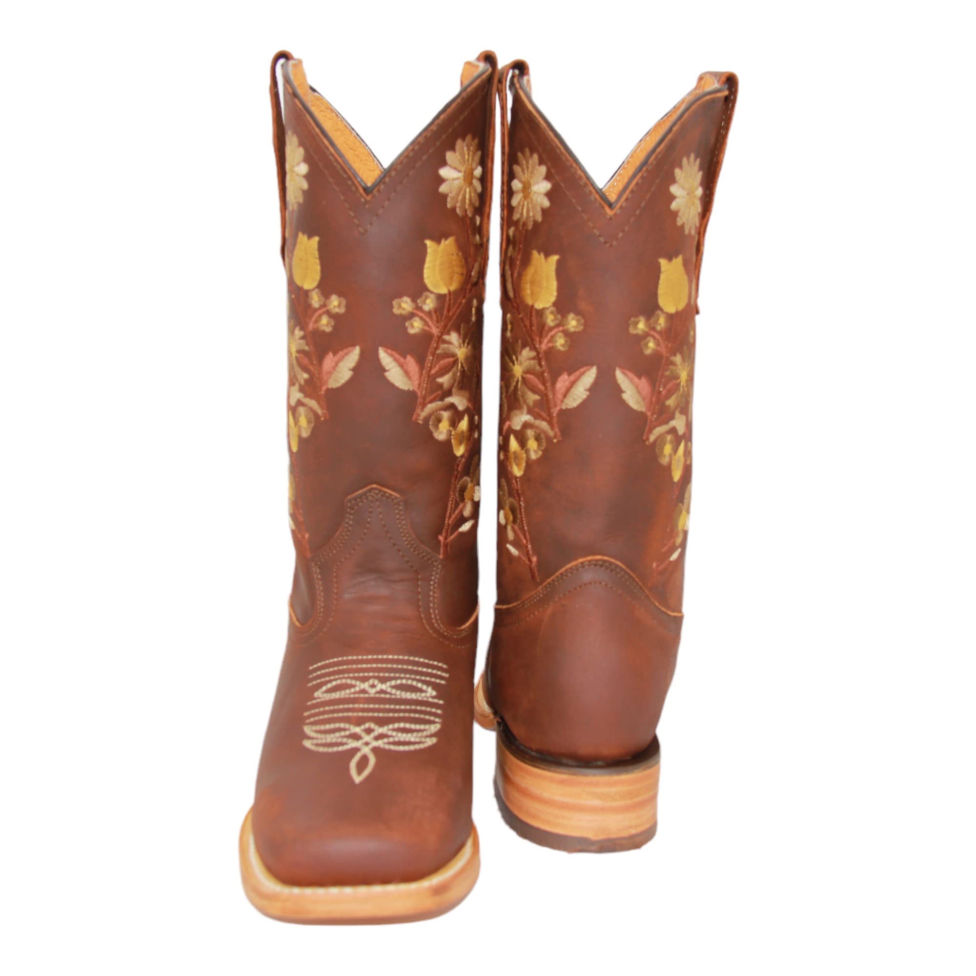 Women’s Genuine Leather Brown Cowgirl Cowboy Boot Floral Embroidered Square Toe Western Boot