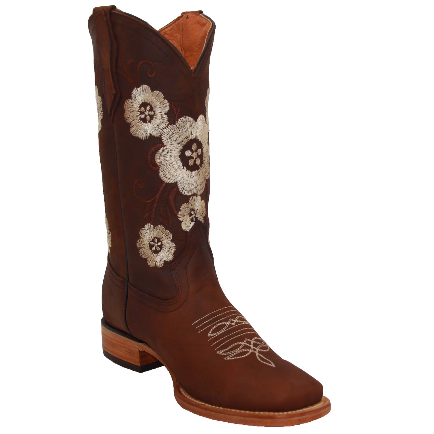 Women’s Brown Leather Square Toe Floral Cowboy Boot