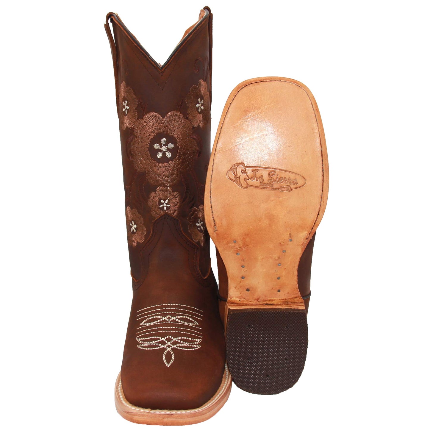 Women’s Brown Leather Square Toe Floral Cowboy Boot