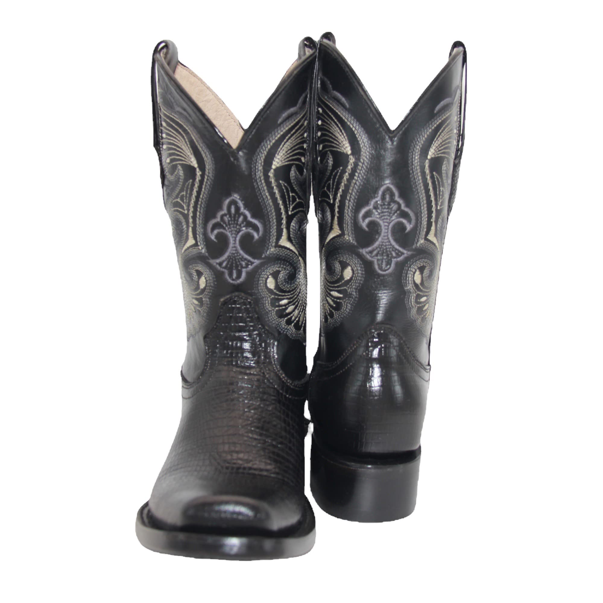 Men's Genuine Leather Lizard Print Black Cowboy Boot Square Toe Mid-Calf