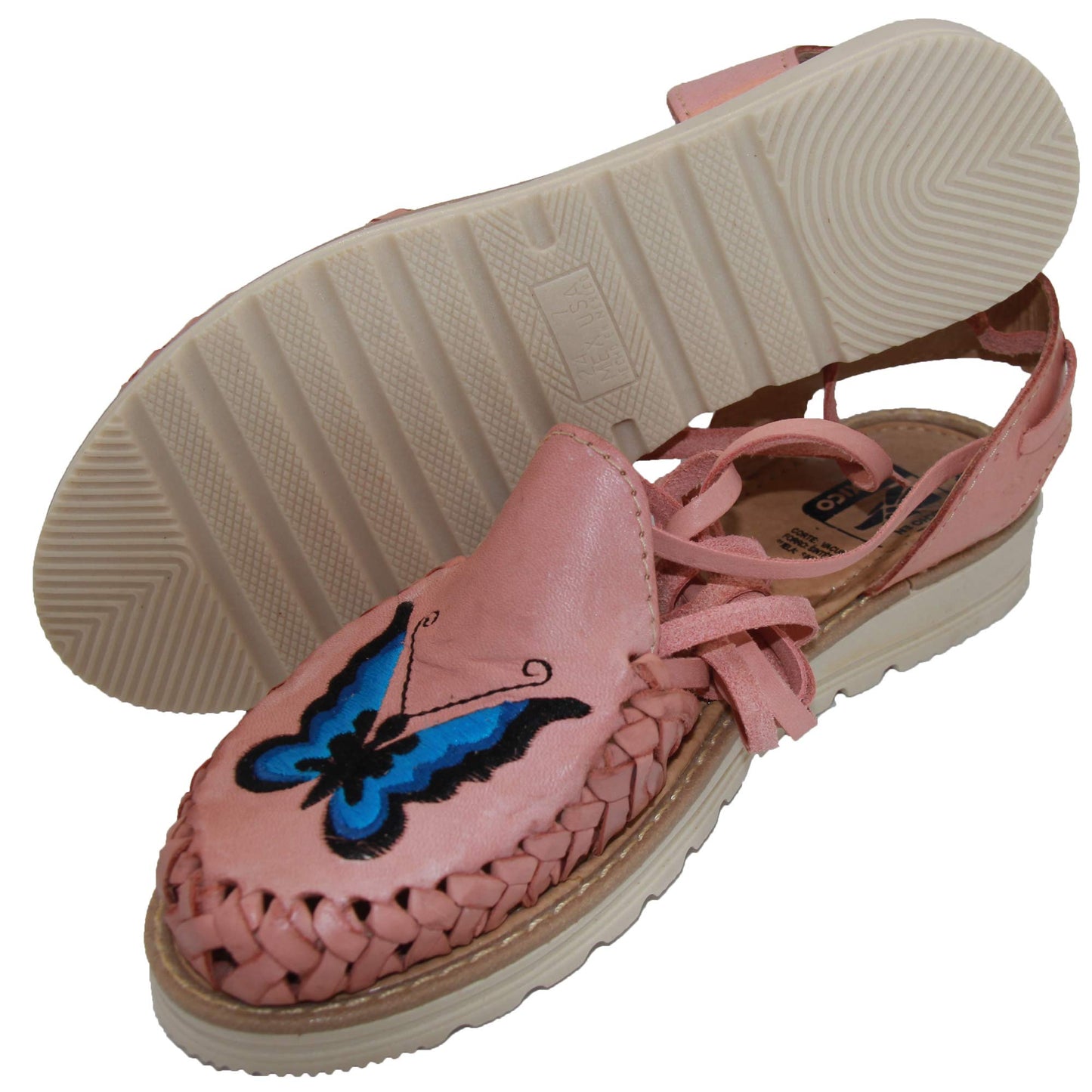 Women's Leather Pink Butterfly Embroidered Huarache Sandal