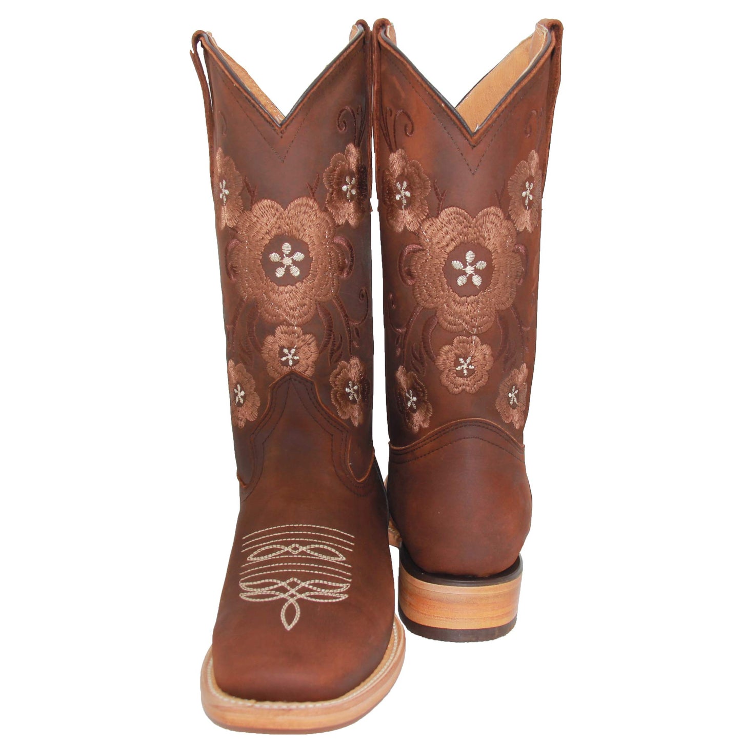 Women’s Brown Leather Square Toe Floral Cowboy Boot