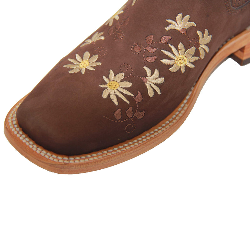 Women’s Short Ankle Leather Boot Low Heel Floral Detail
