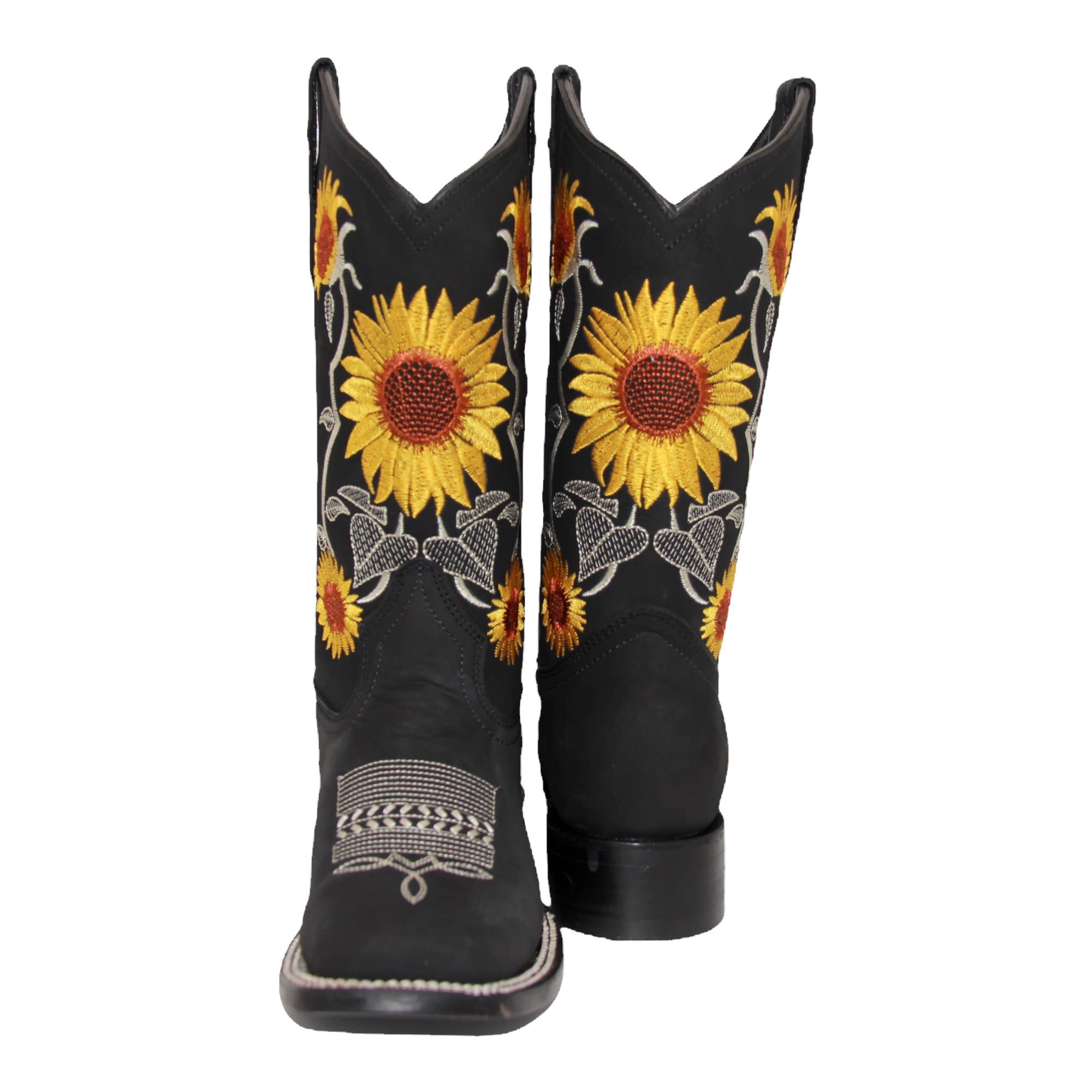Women’s Square Toe Leather Cowgirl Cowboy Boot Sunflower Floral Embroidered Western Boots