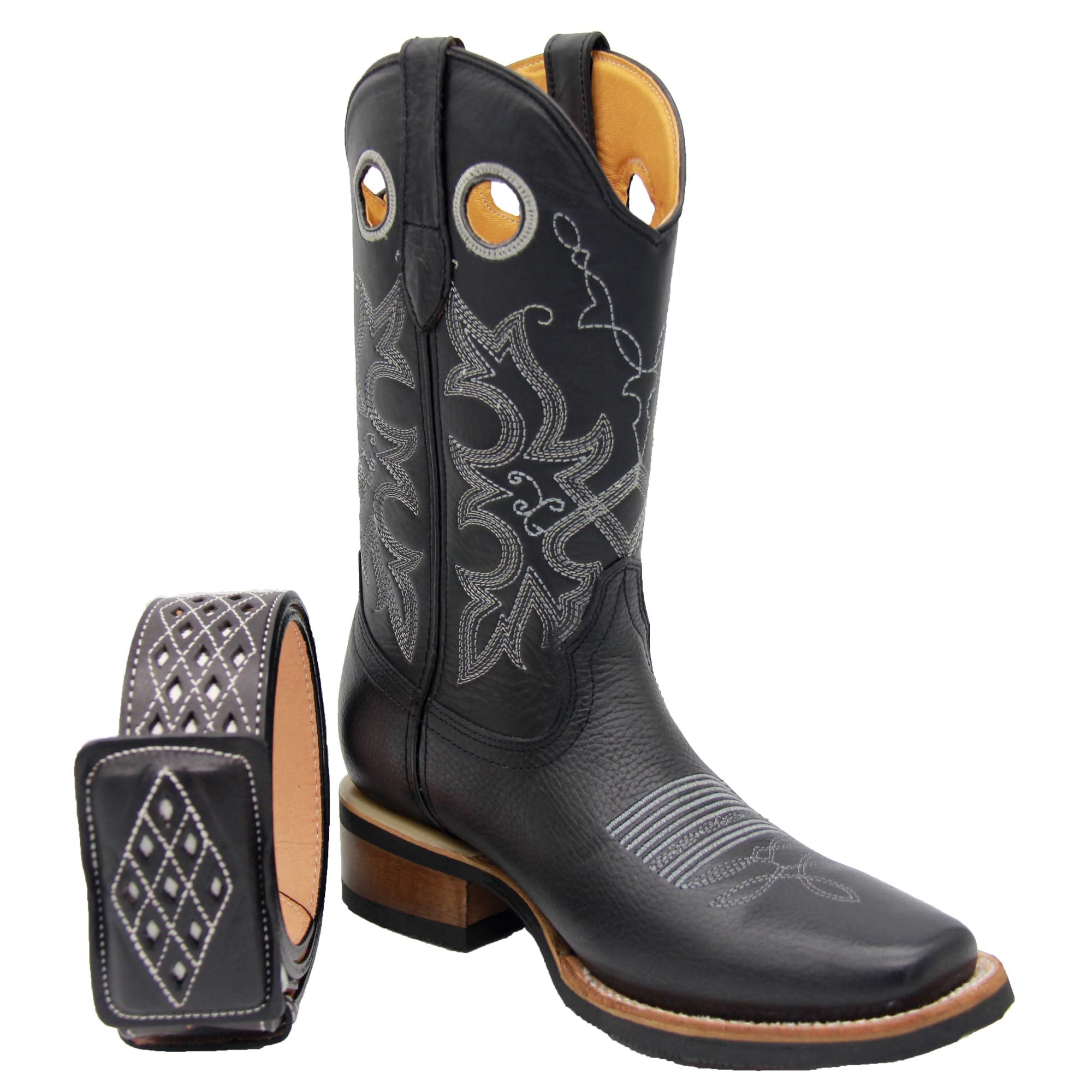 Mens Genuine Leather Cowboy Square Toe Rodeo Boots with Free Belt