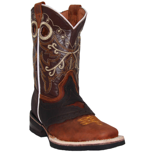 Kids Square Toe Embroidered Leather Cowboy Boot