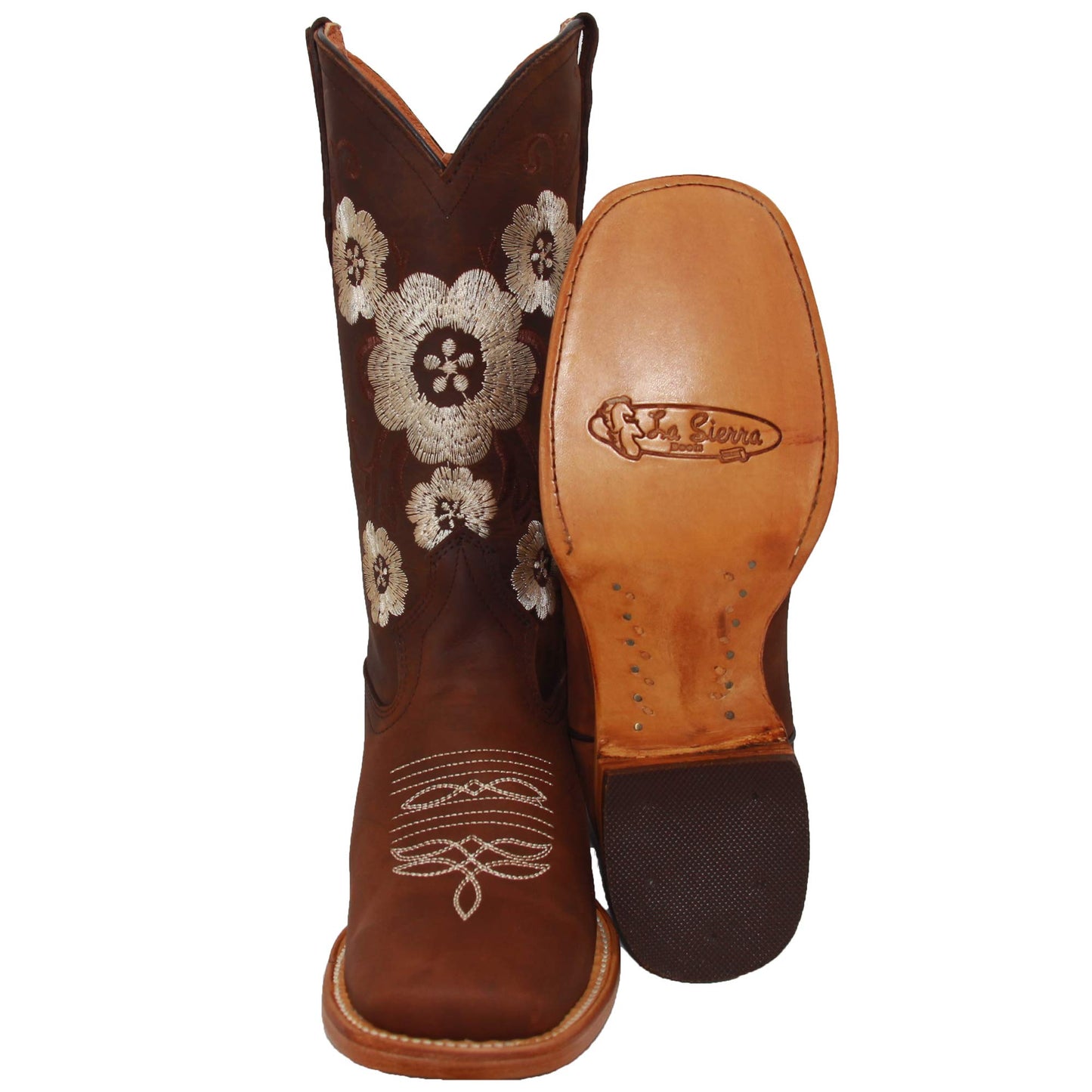 Women’s Brown Leather Square Toe Floral Cowboy Boot