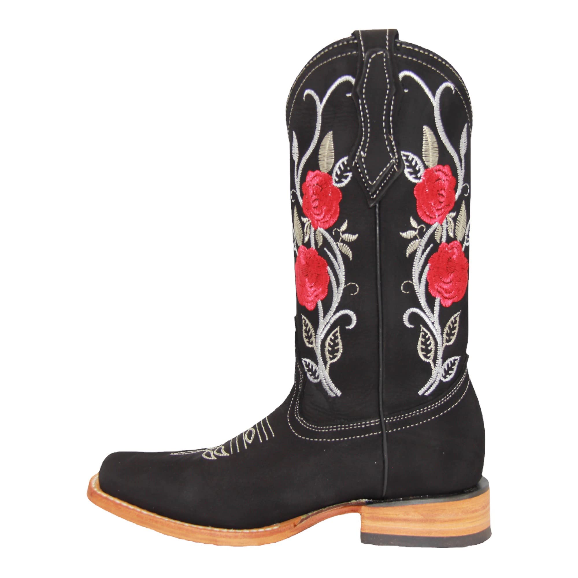 Women’s Square Toe Cowgirl Cowboy Boot Embroidered Floral Roses Western Boots Black