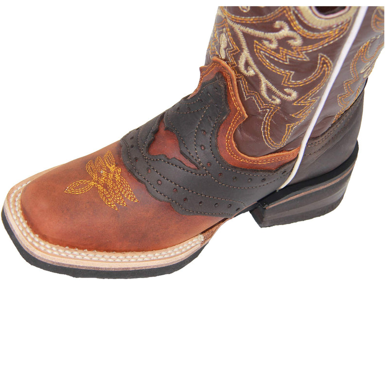 Kids Square Toe Embroidered Leather Cowboy Boot