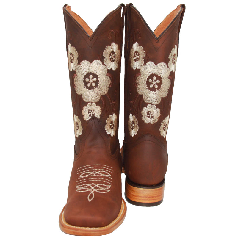 Women’s Brown Leather Square Toe Floral Cowboy Boot