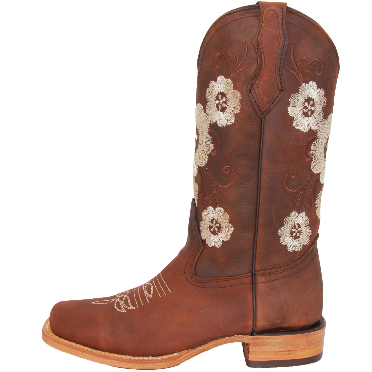 Women’s Brown Leather Square Toe Floral Cowboy Boot