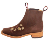 Women’s Short Ankle Leather Boot Low Heel Floral Detail