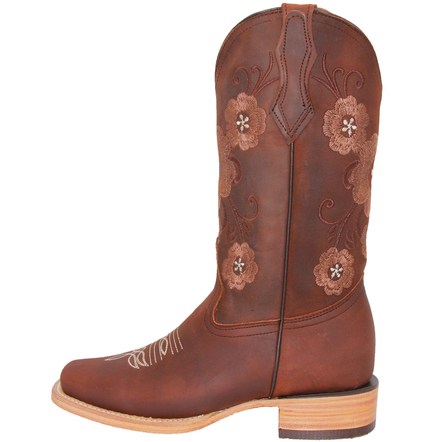 Women’s Brown Leather Square Toe Floral Cowboy Boot