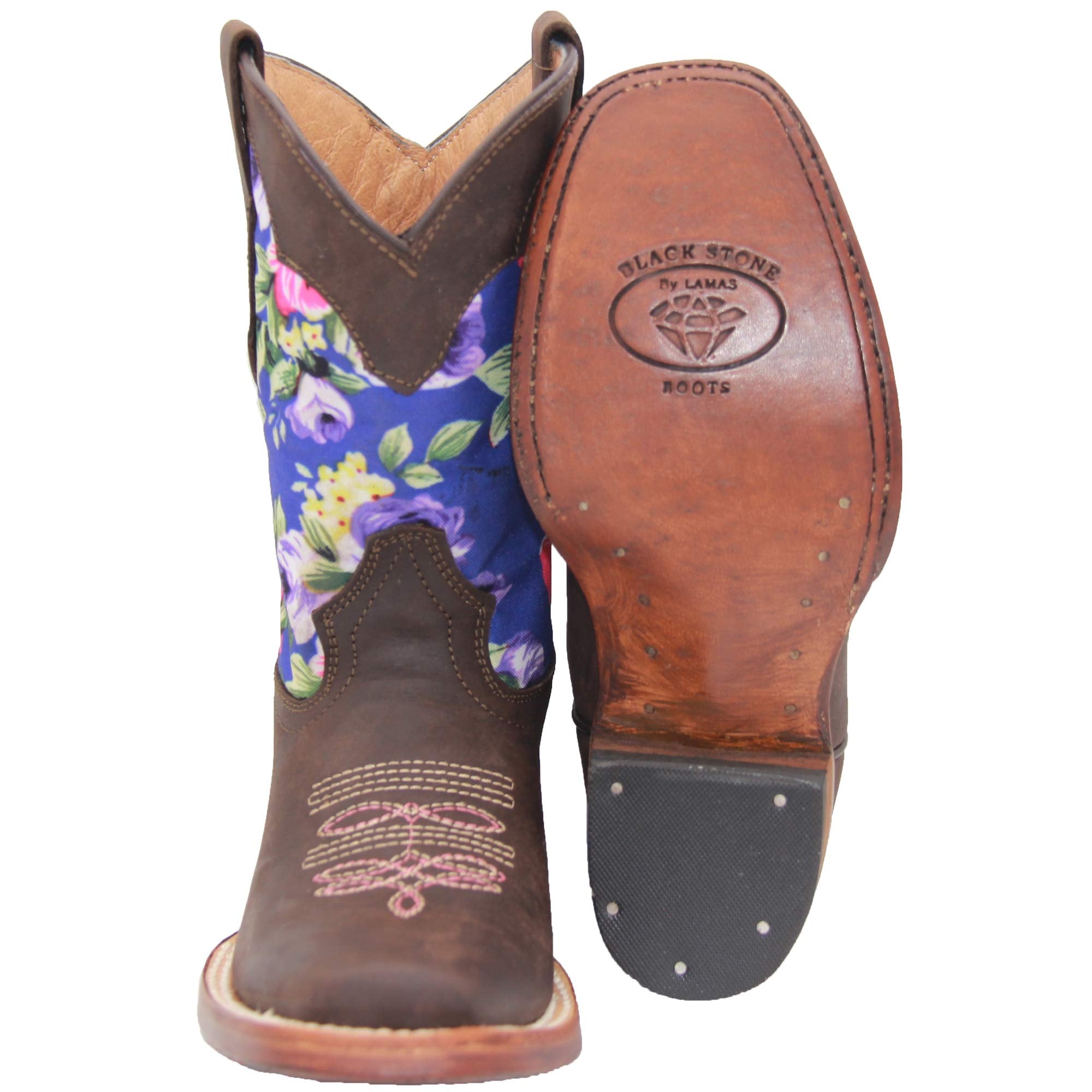 Kids Western Boot Girls Floral Cowboy Cowgirl Leather Brown Boot
