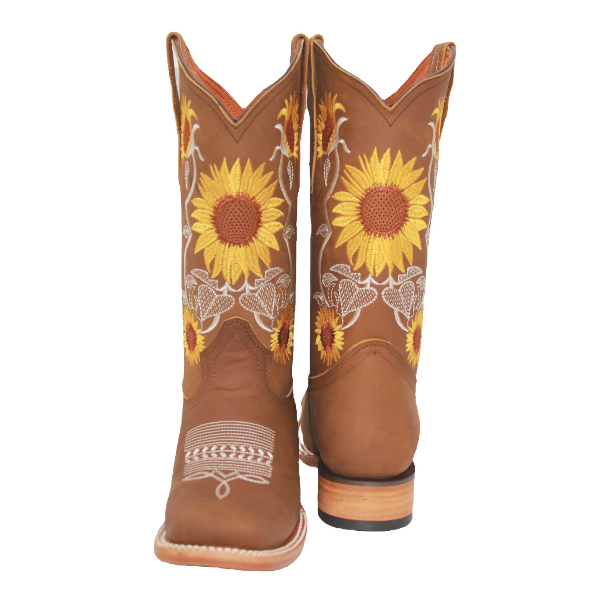 Women’s Square Toe Leather Cowgirl Cowboy Boot Sunflower Floral Embroidered Western Boots