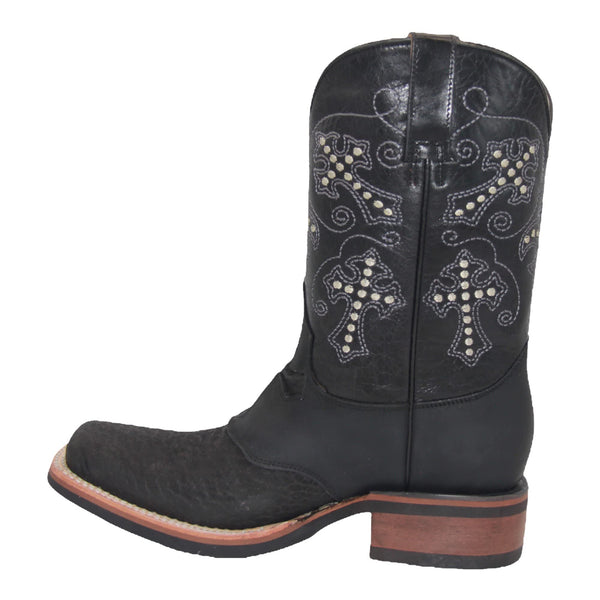 Men’s Leather Square Toe Cross Embroidered Mid Calf Black Boot