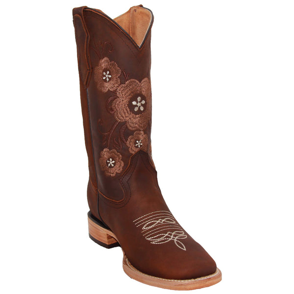 Women’s Brown Leather Square Toe Floral Cowboy Boot