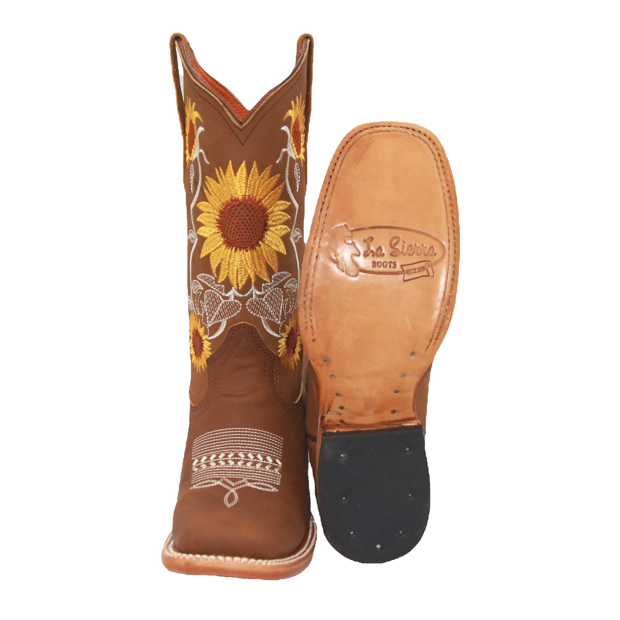 Women’s Square Toe Leather Cowgirl Cowboy Boot Sunflower Floral Embroidered Western Boots