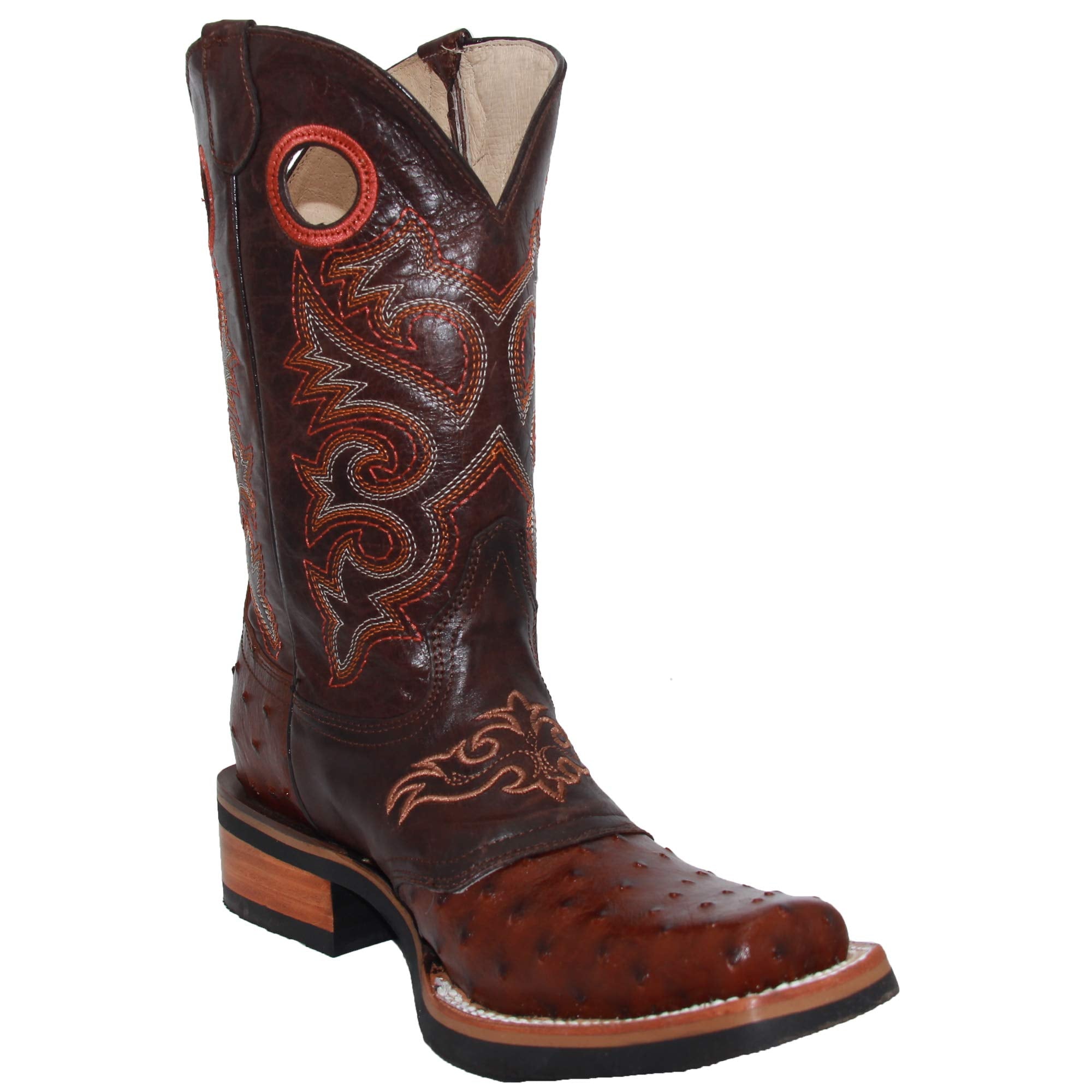 Men's Genuine Cowhide Leather Square Toe Ostrich Quill Print Western Cowboy Boots