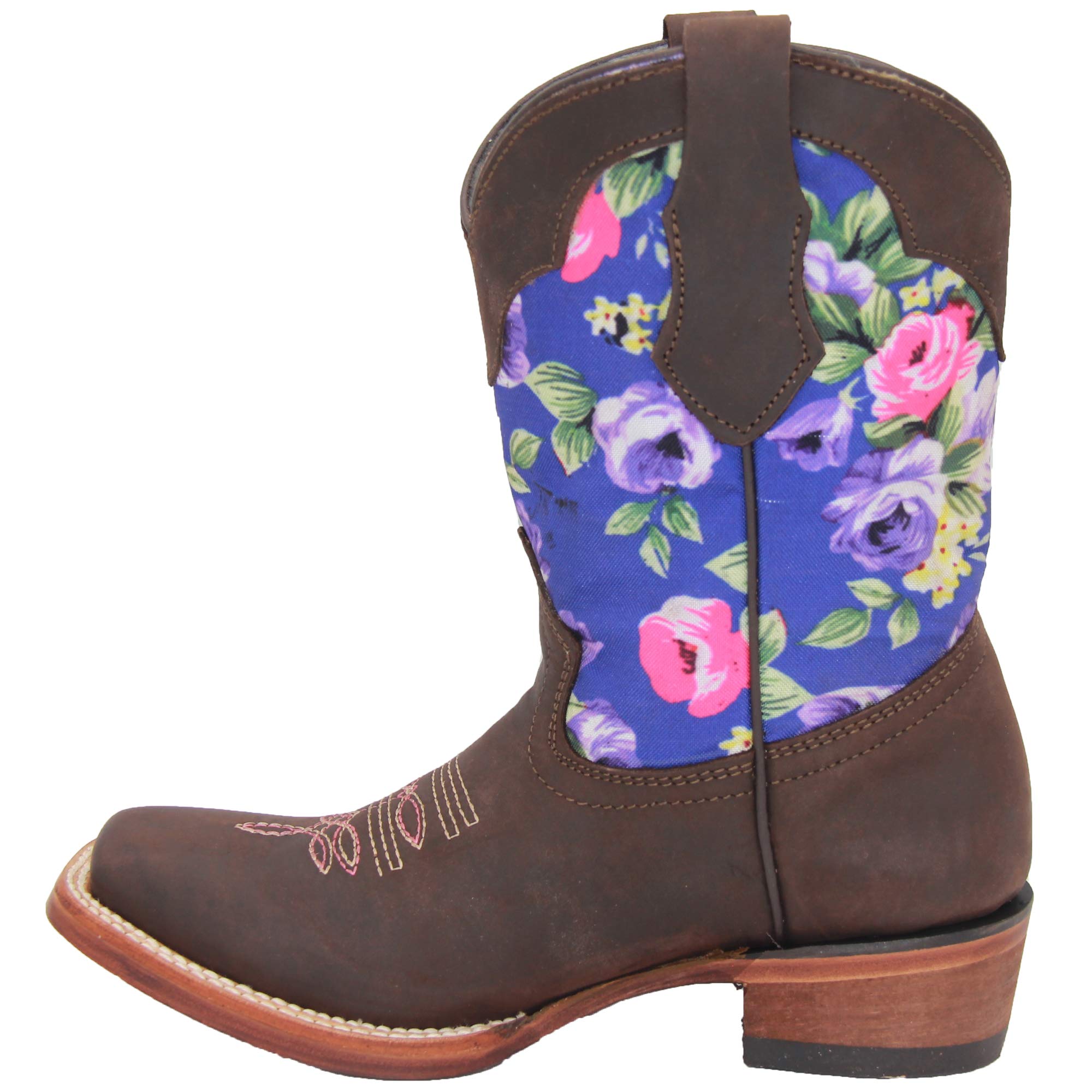 Kids Western Boot Girls Floral Cowboy Cowgirl Leather Brown Boot