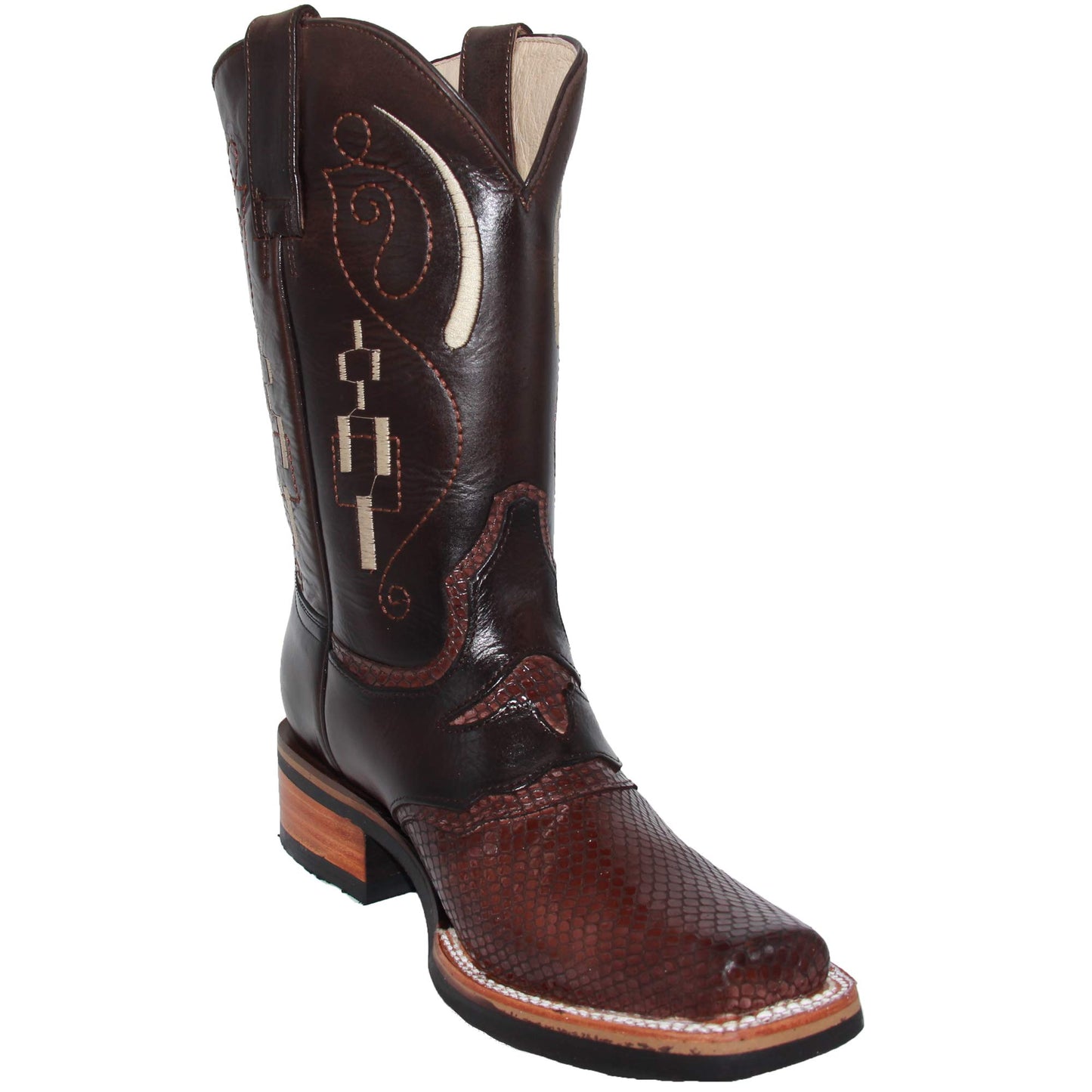 Men's Leather Snake Skin Print Square Toe Cowboy Boot