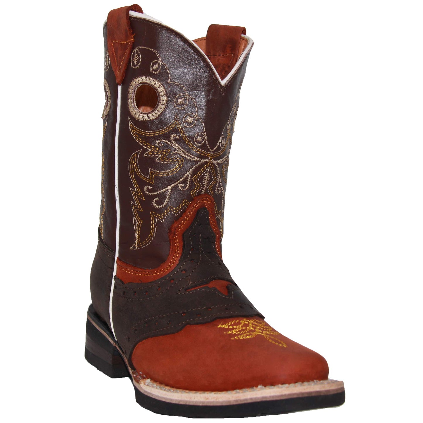 Kids Square Toe Embroidered Leather Cowboy Boot