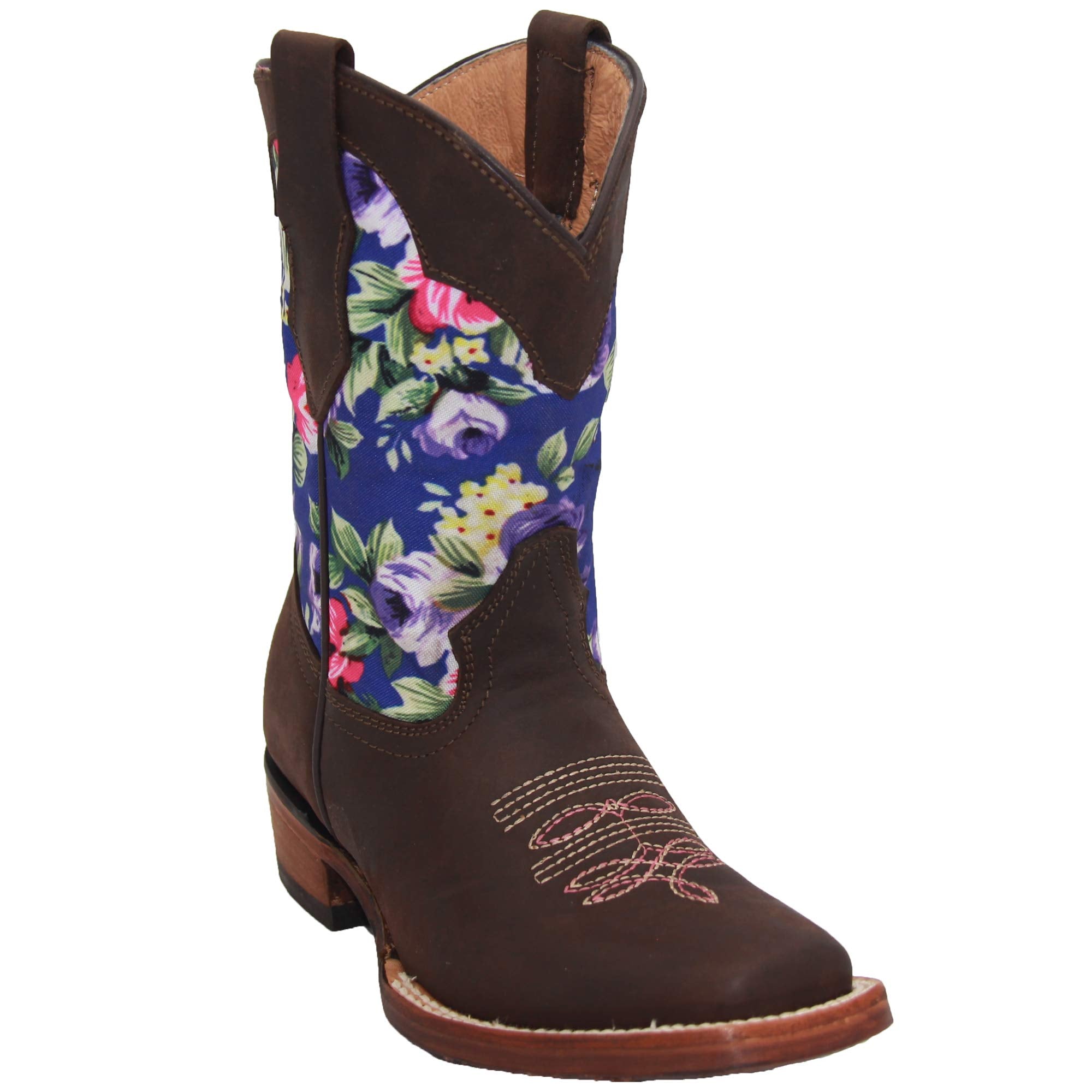 Kids Western Boot Girls Floral Cowboy Cowgirl Leather Brown Boot