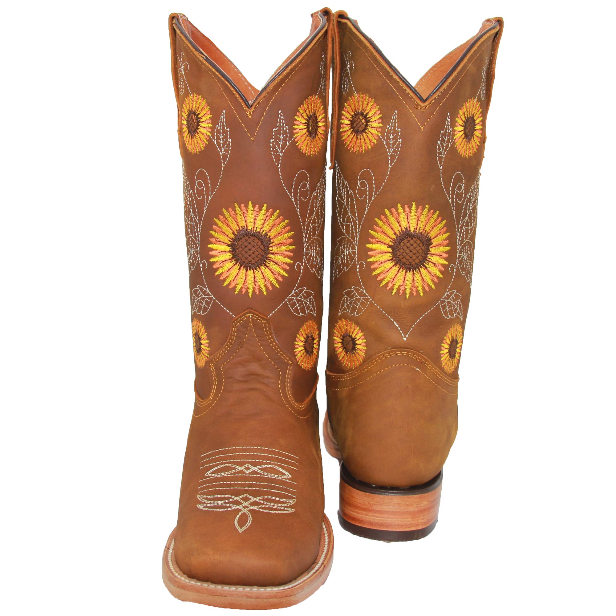 Women’s Cowgirl Cowboy Square Toe Leather Boots Sunflower Embroidered