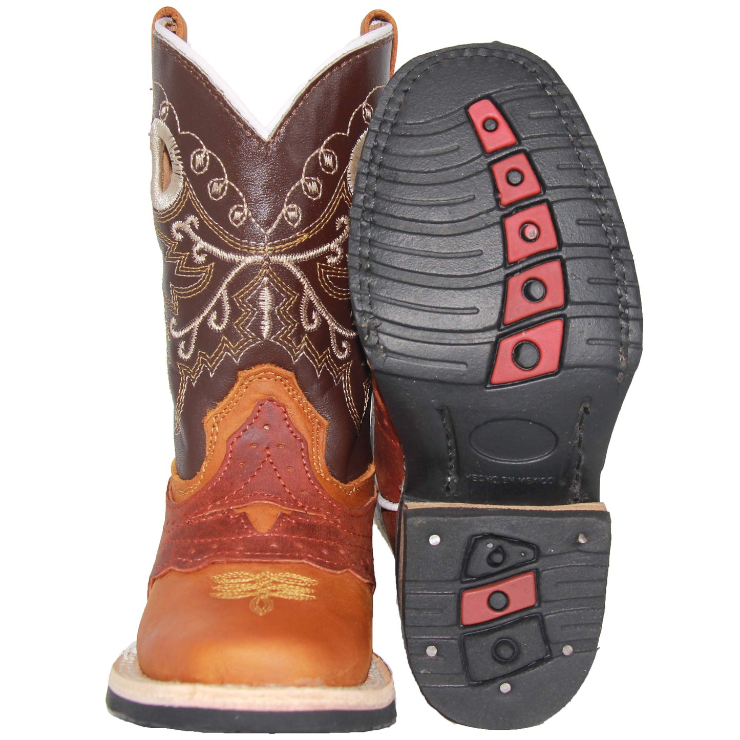 Kids Square Toe Embroidered Leather Cowboy Boot