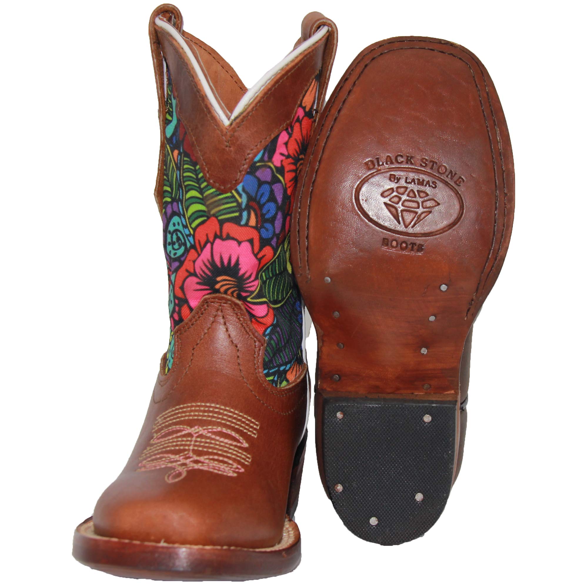 Kids Western Boot Girls Floral Cowboy Cowgirl Leather Brown Boot