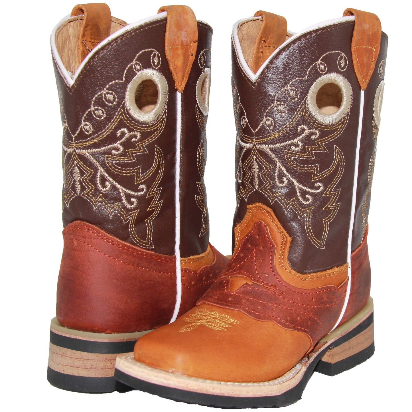 Kids Square Toe Embroidered Leather Cowboy Boot