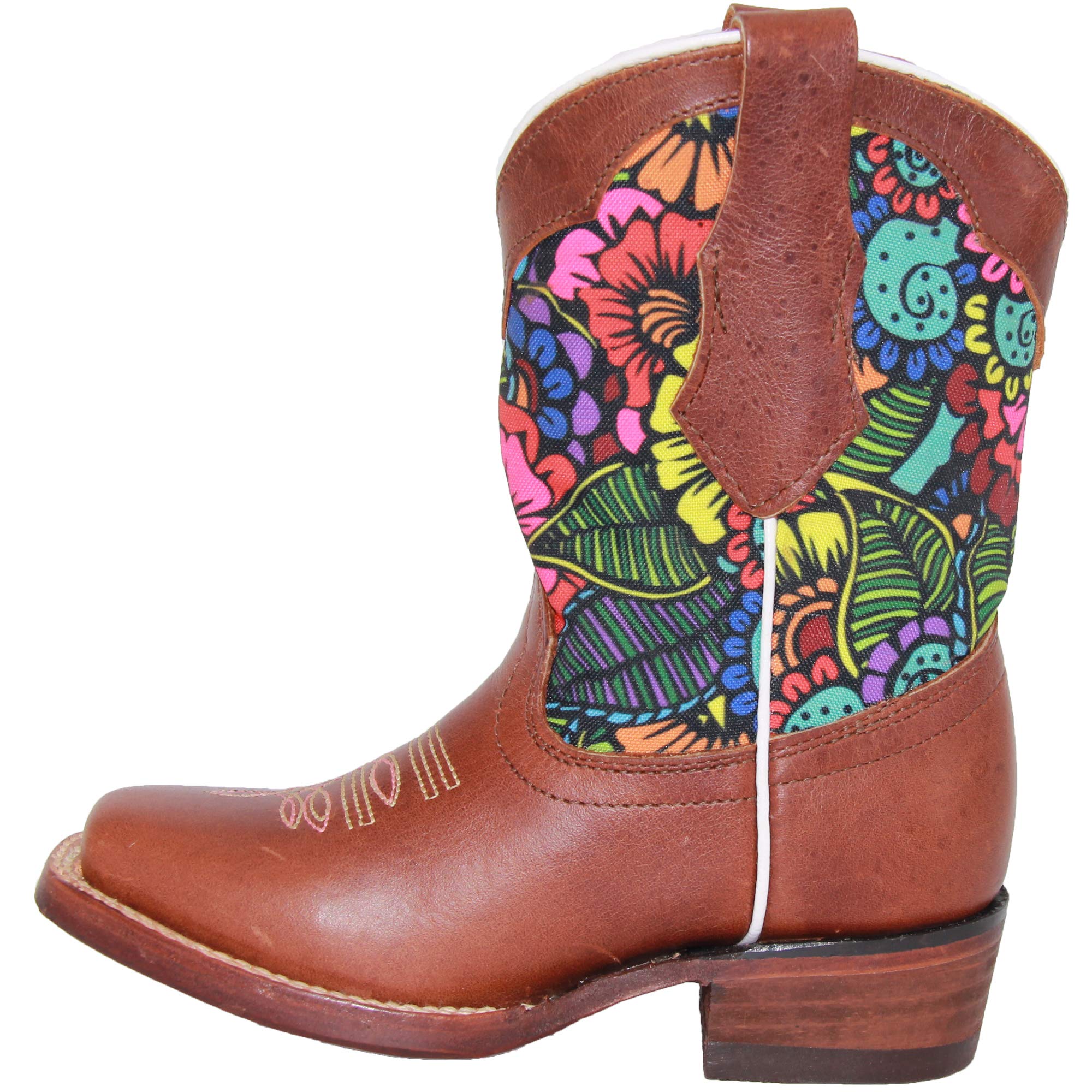 Kids Western Boot Girls Floral Cowboy Cowgirl Leather Brown Boot