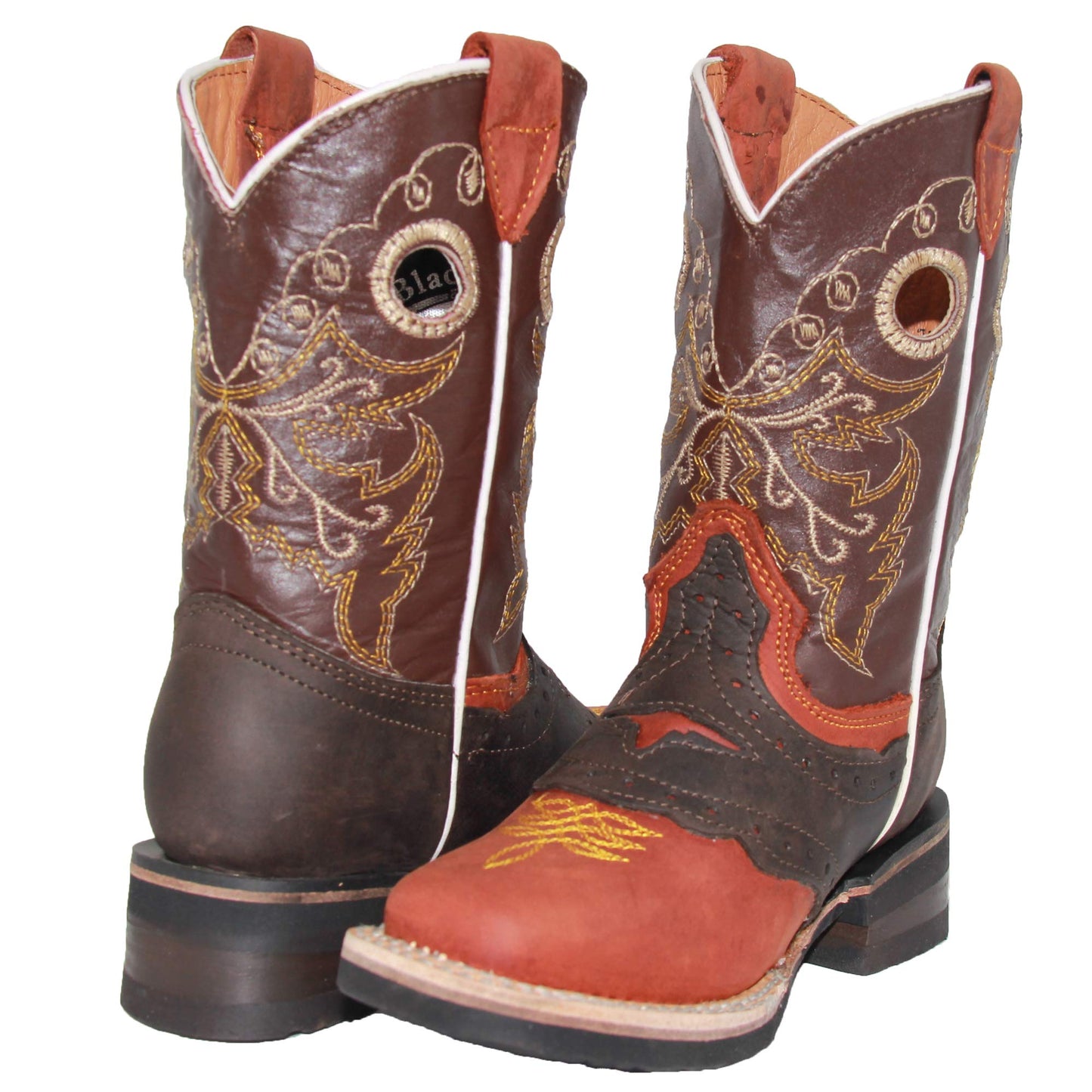 Kids Square Toe Embroidered Leather Cowboy Boot