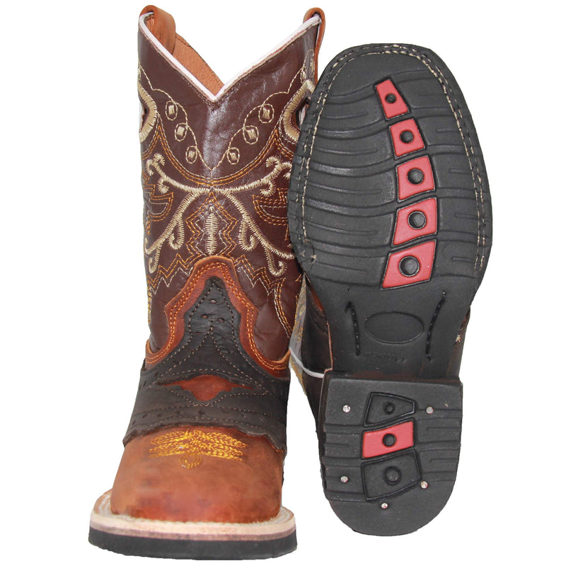 Kids Square Toe Embroidered Leather Cowboy Boot