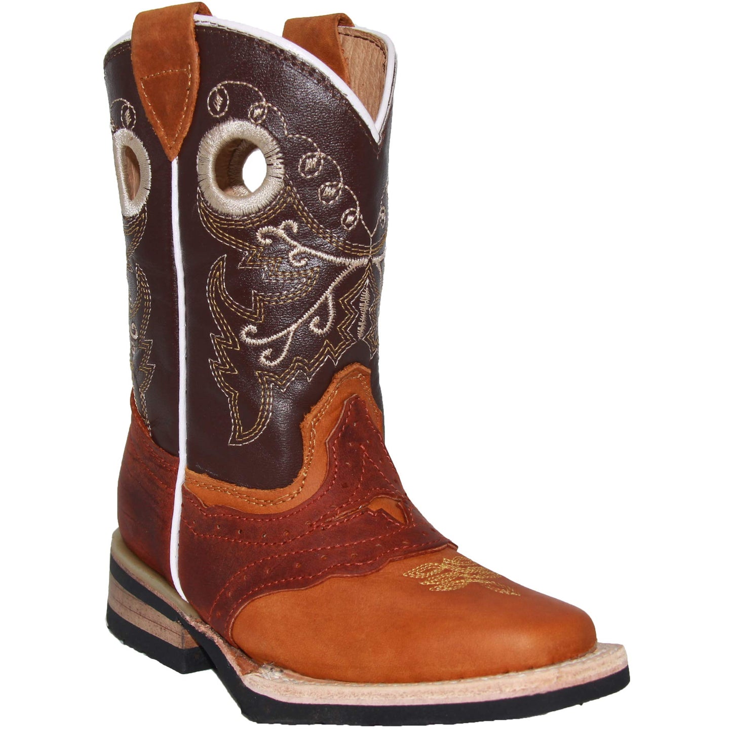 Kids Square Toe Embroidered Leather Cowboy Boot